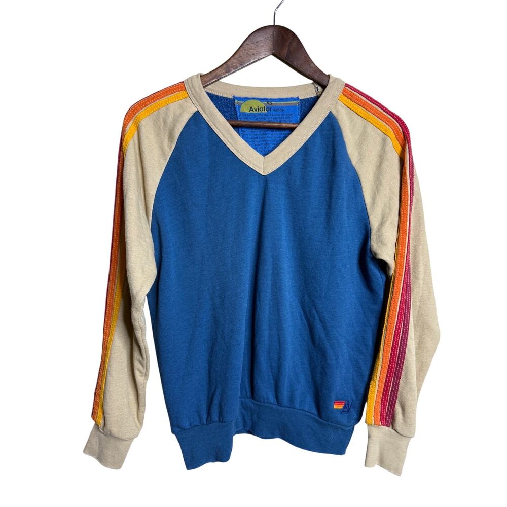 Aviator Nation Stripe Colorblock V-Neck Sweatshirt Womans XS Retro California